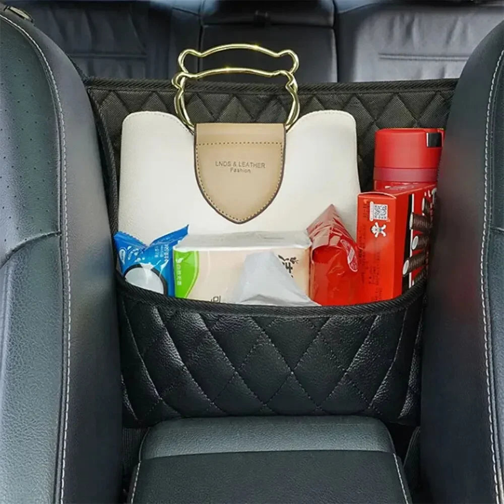 Large Capacity Car Middle Seat Storage Net - Leather Hanging Bag & Seat Back Organizer