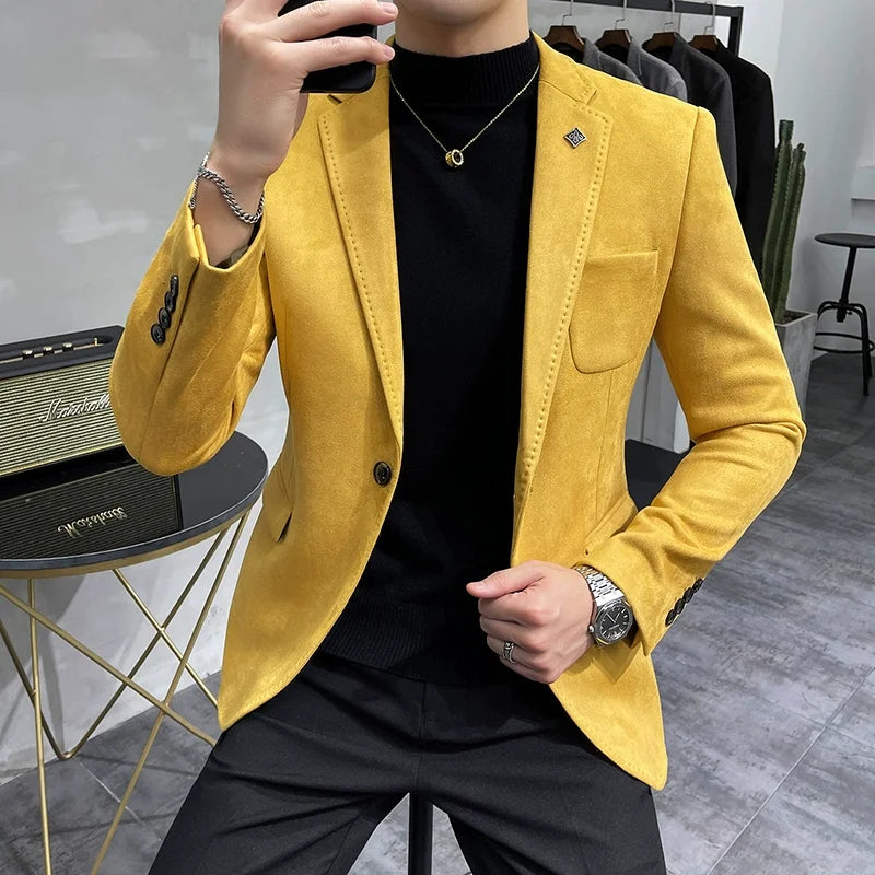 Men's Deerskin Fleece Blazer – Slim Fit Single Button Suit Jacket for Business & Casual Wear