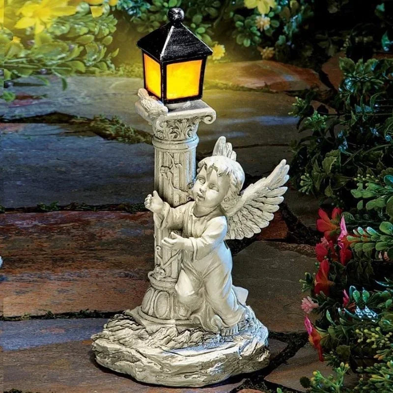Solar European Roman Column Angel Sculpture – Outdoor Garden & Courtyard Resin Decoration, Home Decor Crafts