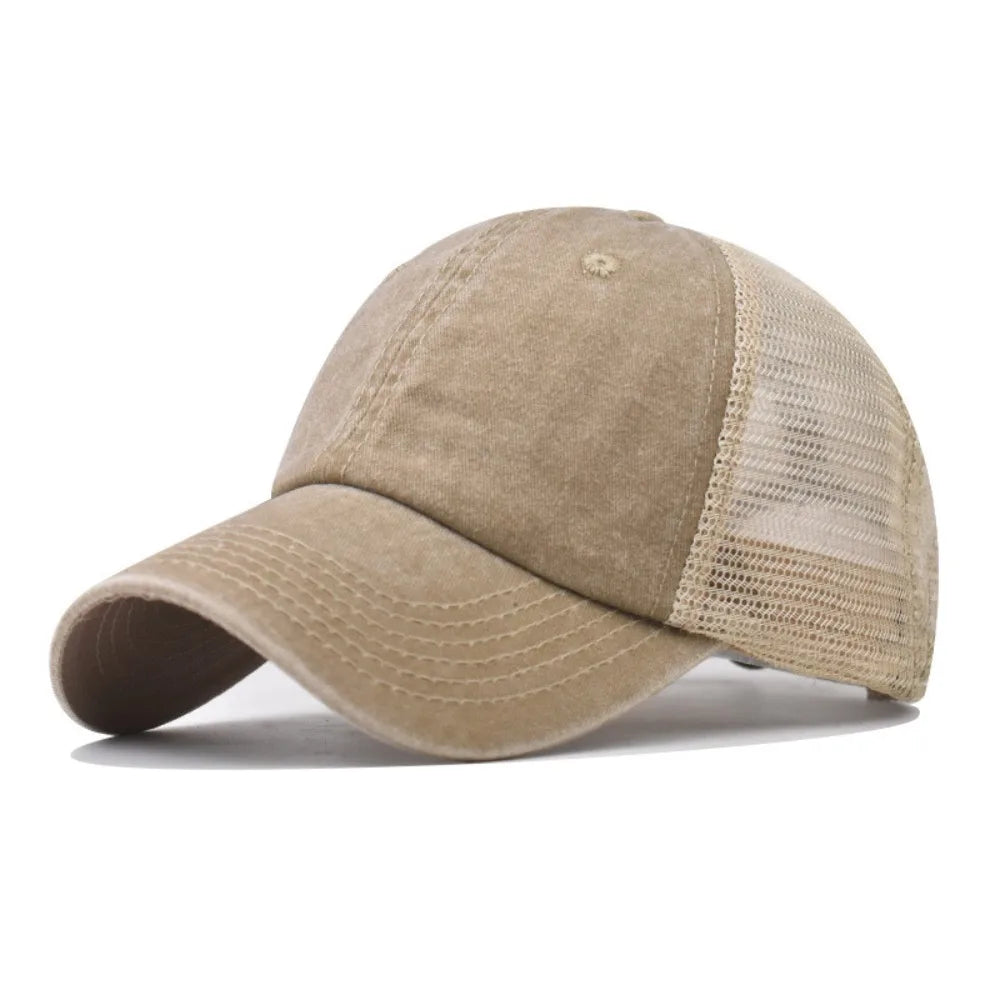 Vintage Washed Cotton Cap - Denim Mesh Baseball Hat with UV Protection for Women