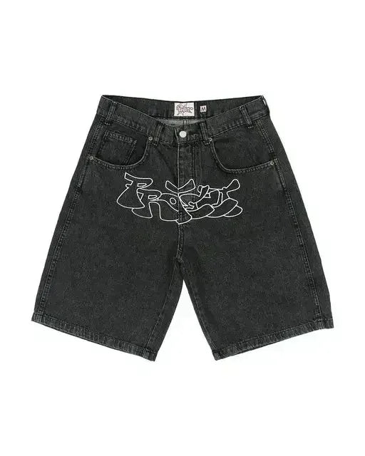 Streetwear Retro Patchwork Denim Shorts – Y2K Hip Hop Cartoon Graphic Loose Fit Jeans for Men & Women