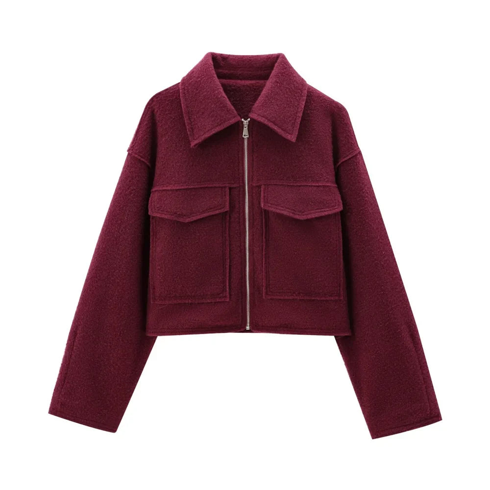TRAF Women's Cropped Jacket – Vintage Patch Pockets with Flaps, Long Sleeve, Front Zipper Chic Outerwear Top