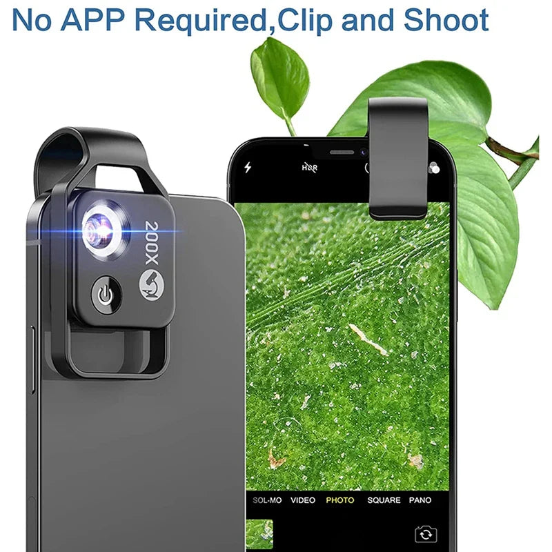 200X Cell Phone Microscope Accessory – Portable Mini Digital Microscope with CPL Lens, LED Light, Universal Clip