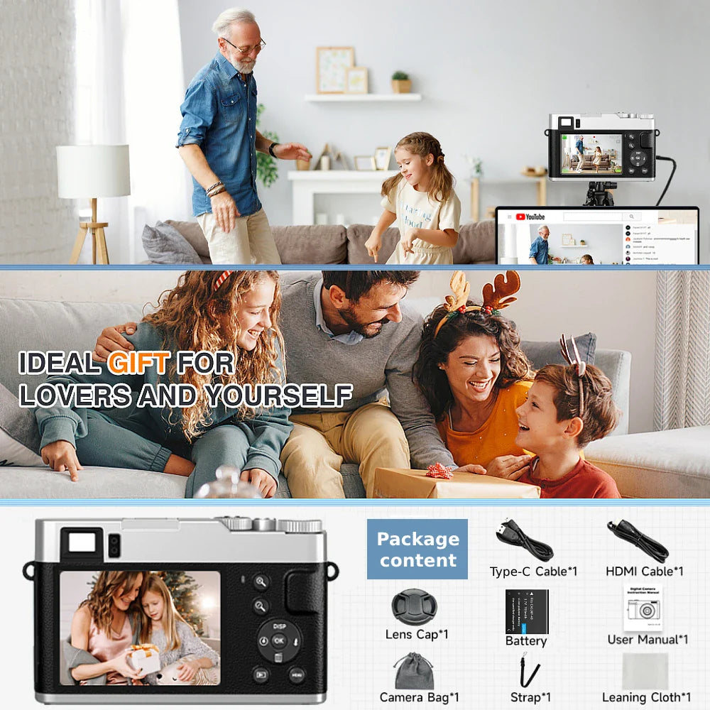 4K Digital Camera with Auto Focus – 48MP Vlogging Camera for YouTube, Anti-Shake Video, Viewfinder, Flash & 16X Zoom