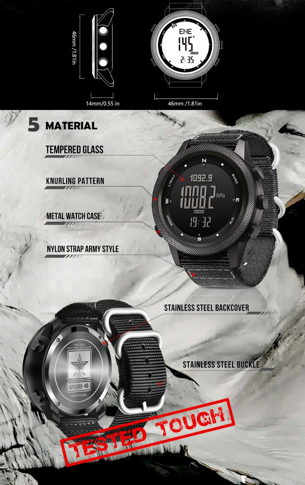 NORTH EDGE APACHE-46 Men’s Digital Outdoor Watch – Altimeter, Barometer, Compass, WR50M Sports Watch