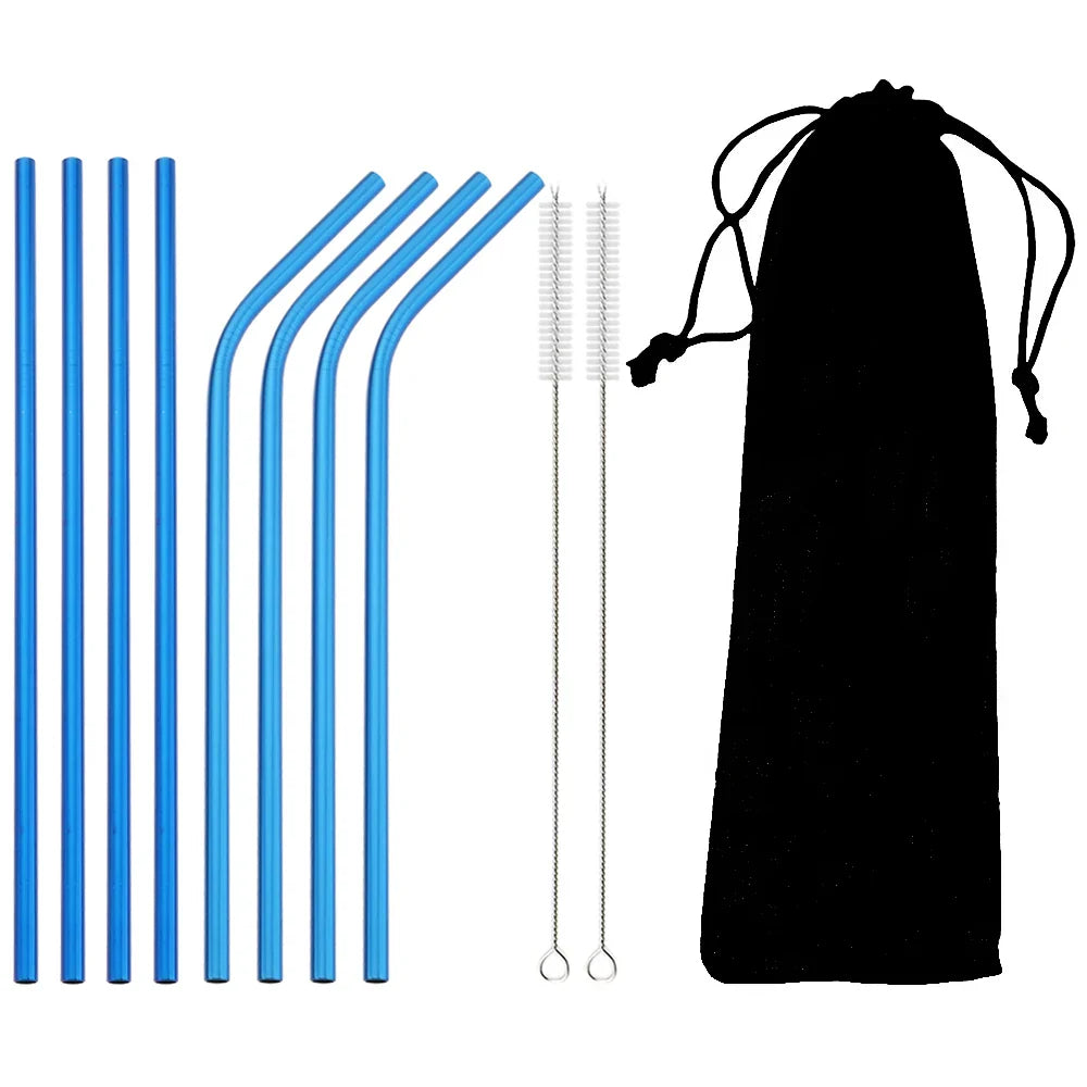 Colorful 304 Stainless Steel Reusable Straws Set — Metal Drinking Straws with Cleaning Brush for Cocktails & Glasses