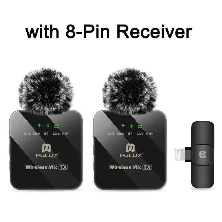 PULUZ Wireless Lavalier Microphone – Dual Mics with 8-Pin & Type-C Receiver for iPhone, iPad, & Android