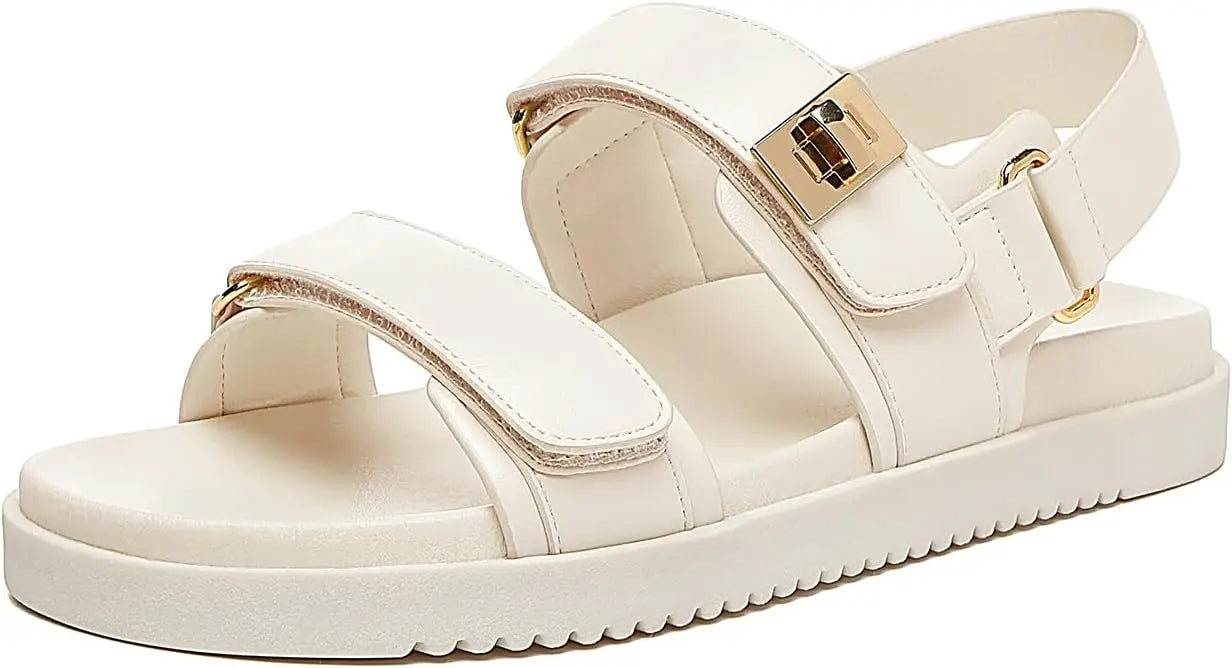 Women’s Flat Leather Sandals – Adjustable Double Strap Slip-On Comfort Footbed Shoes