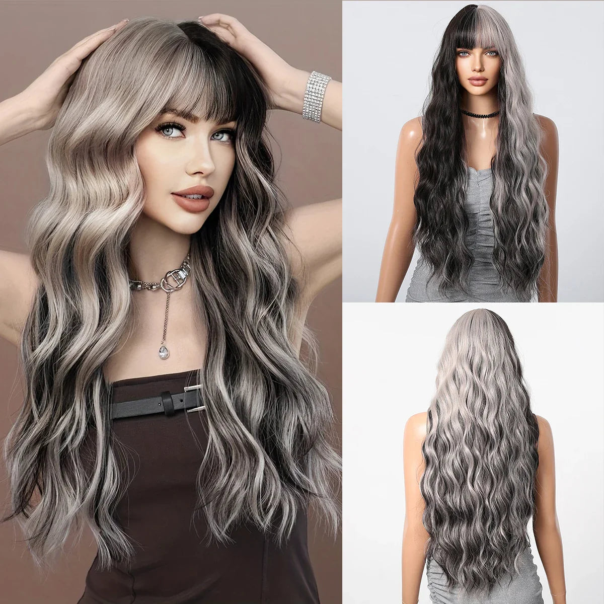 Light Green Long Wavy Synthetic Wig with Bangs – Blackish Green Cosplay & Lolita Style, Heat-Resistant for Women
