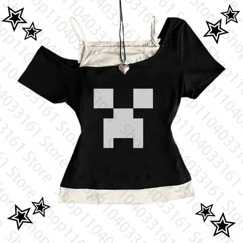 Y2K Cartoon Graphic Crop Top T-Shirt – Grunge Harajuku Aesthetic Slim Fit Emo Gothic Punk Baby Tee for Women