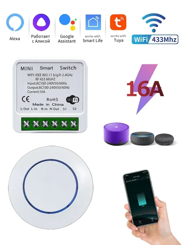 Tuya WiFi Smart Switch – 16A RF 433MHz Wireless Mini Round Button for Alexa & Google Home
