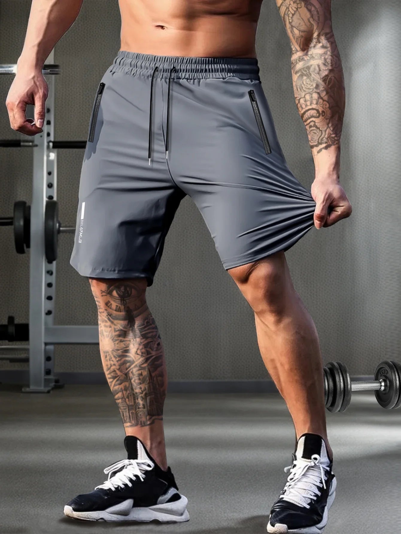 Men’s Solid Color Casual Shorts – Elastic Waist with Drawstring and Zipper Pockets, Loose Fit High Elasticity
