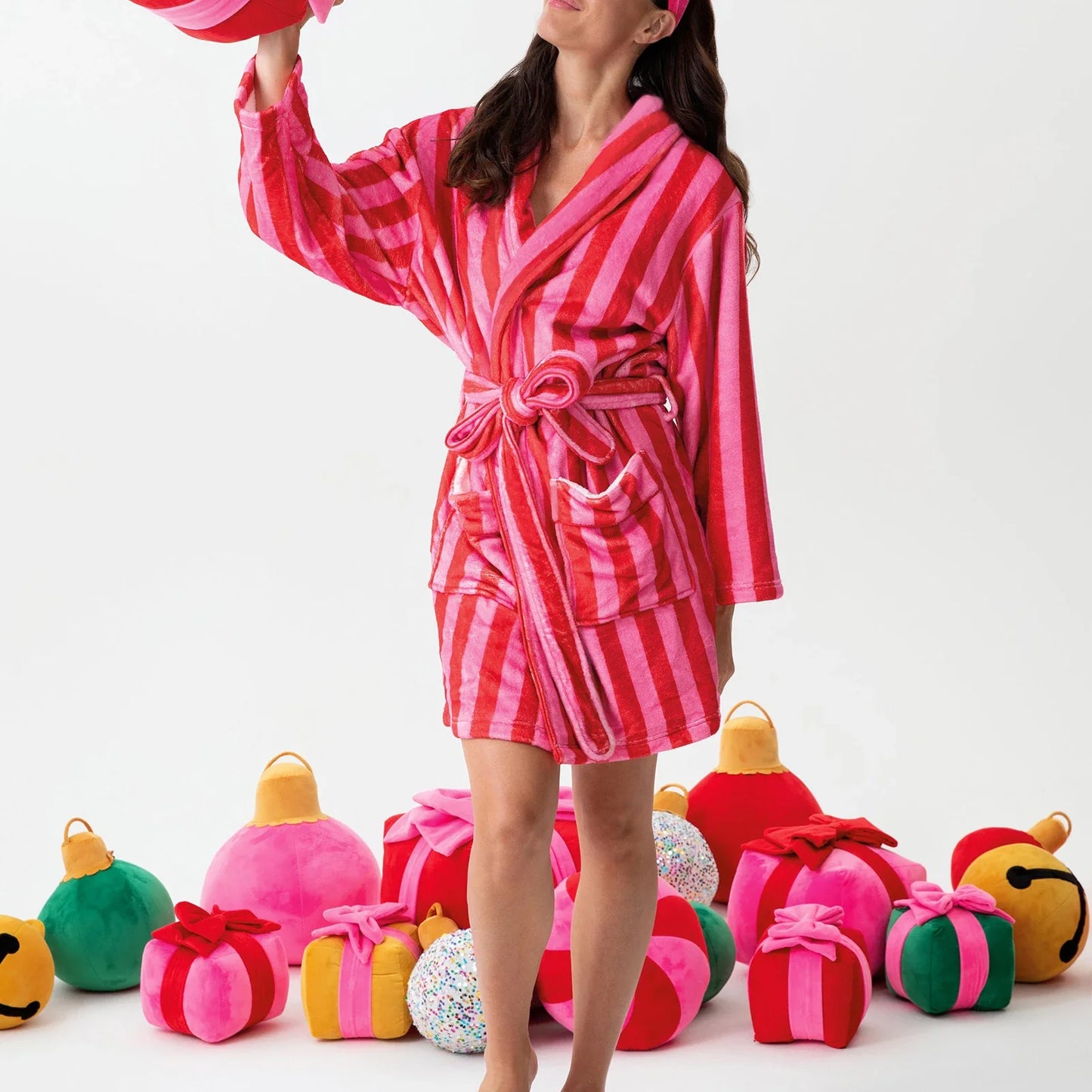 Women's Warm Flannel Bathrobe - Plush Winter Sleepwear with Heart & Stripe Print