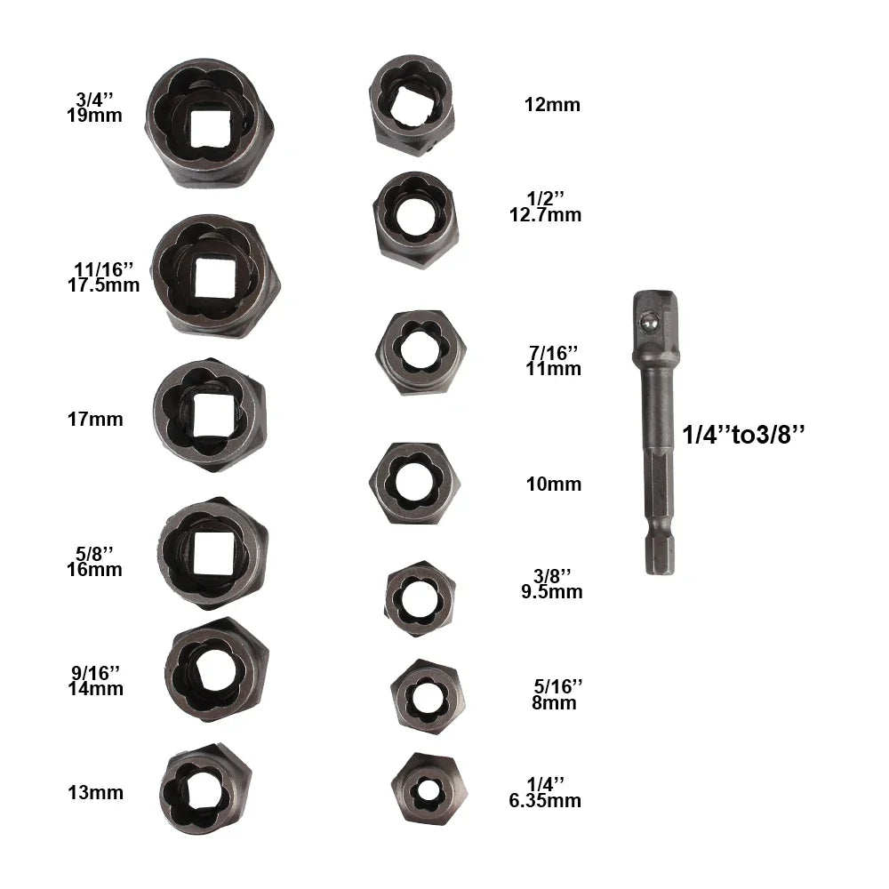 14-Piece Damaged Bolt & Nut Remover Socket Set - Cr-Mo Steel Car Tool Kit with Screw Extractor Sockets