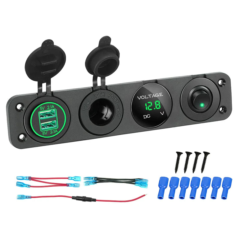 4-in-1 Marine Switch Panel | 12V Dual USB Charger, Power Outlet, LED Voltmeter & Cigarette Lighter Socket