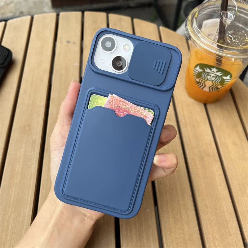 Slide Camera Protection Wallet Phone Case for iPhone – Soft Silicone Card Holder Cover for iPhone 16/15/14/13/12/11 Pro Max, XR, XS Max, 8 Plus Safety Case