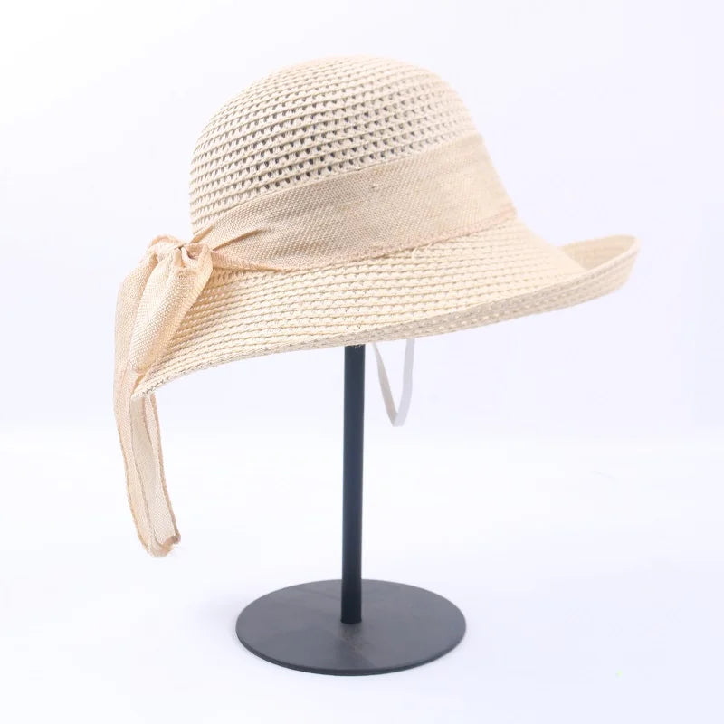 Women’s Summer Bow Ribbon Panama Hat – Beach Straw Cap Bonnet, Stylish Sun Hat for Women