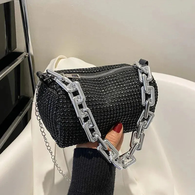 Allover Rhinestone Bucket Bag – Glitter Chain Prom Purse, Women's Mini Crossbody Bag (6.3 x 3.54 Inches)