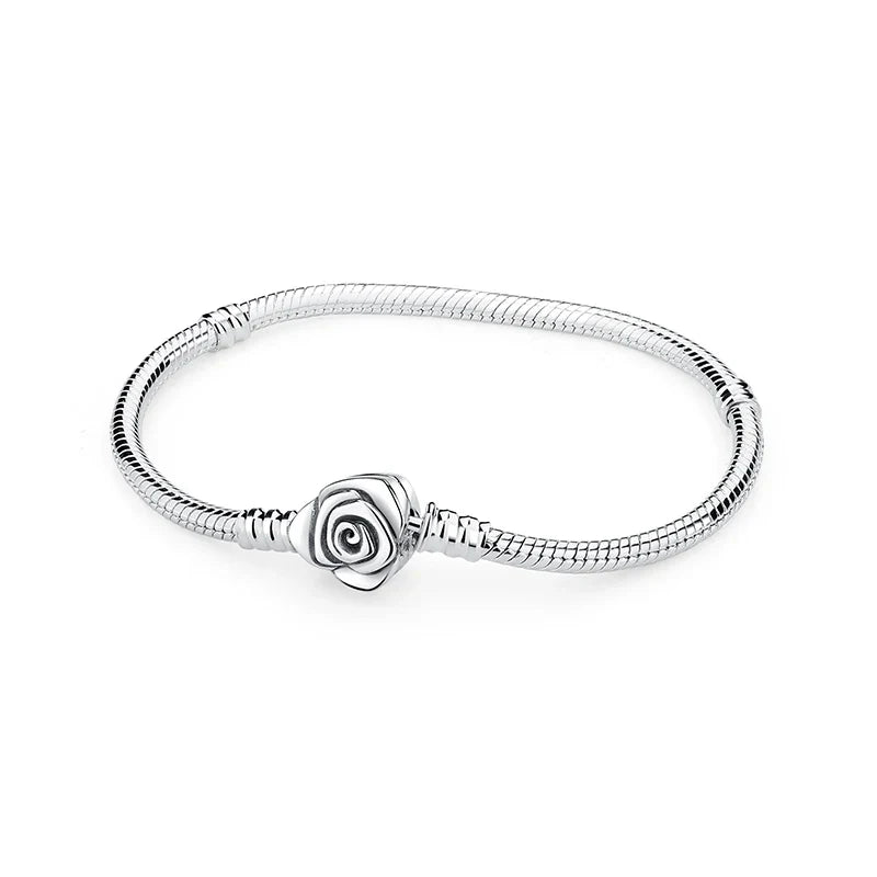 925 Sterling Silver Love Heart Charm Bracelet – Rose Gold Snake Chain Bangle for Women | DIY Luxury Bead Jewelry Accessories