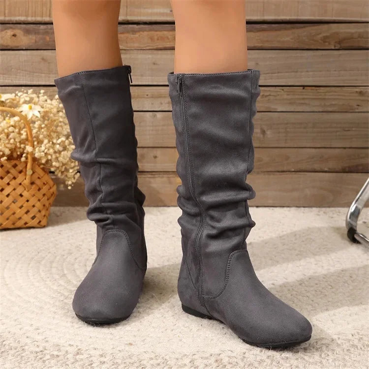 Women’s High-Top Casual Boots – Folded Zipper, Flat Bottom, Alligator Patterned Comfortable Footwear