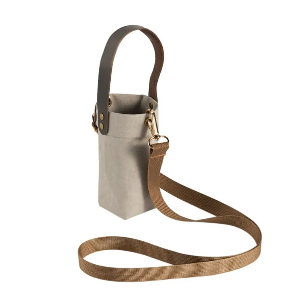 Kraft Paper Water Bottle Carrier Bag - Washable Insulated Pouch Holder with Shoulder Strap for Outdoor Travel