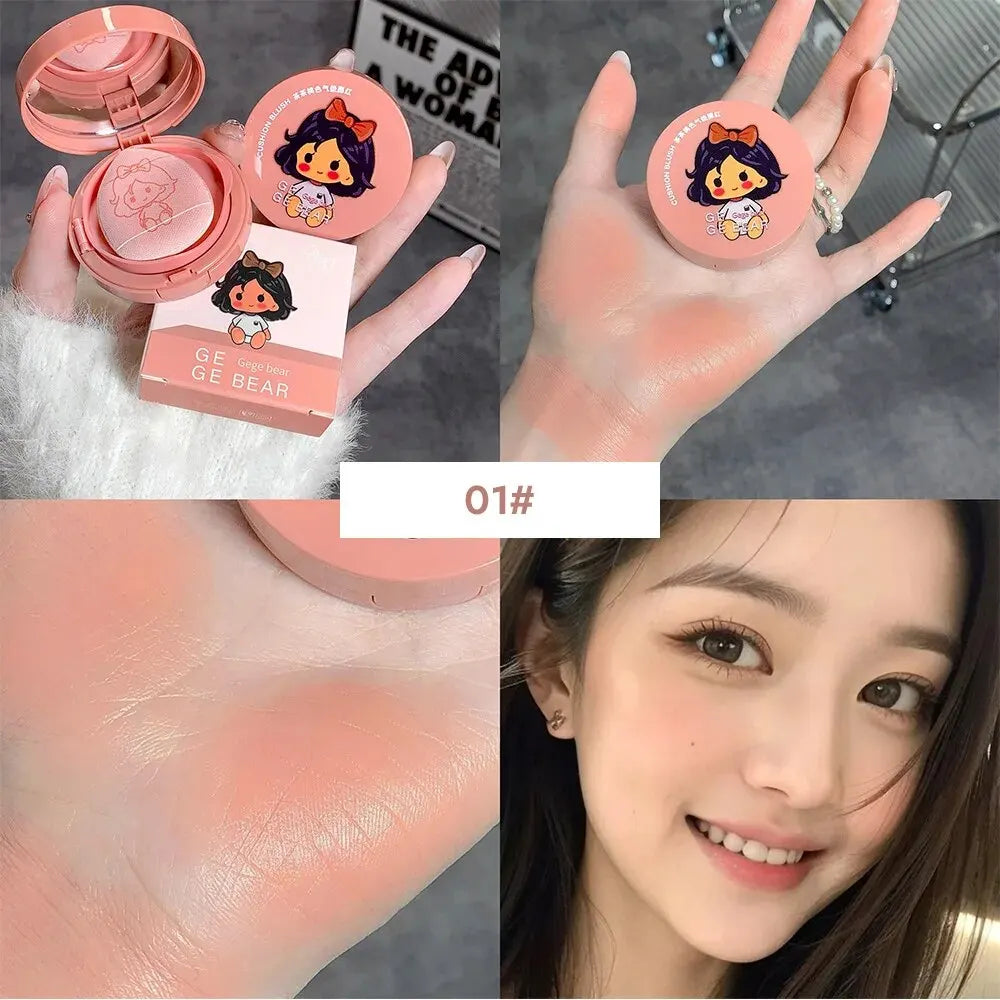 Gege Bear Cushion Blush with Powder Puff – Long-Lasting Blendable Cream Blusher Makeup