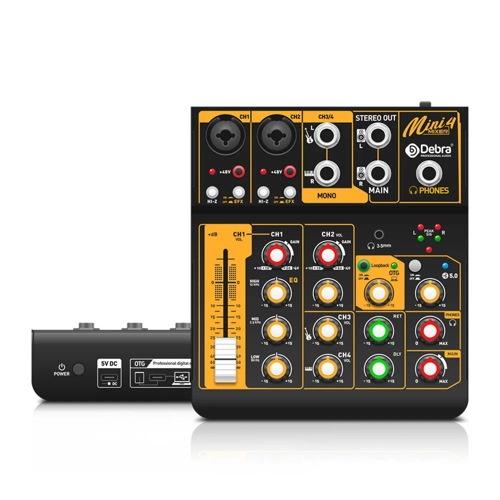 Debra Mini6 6-Channel Metal Audio Mixer Interface with Bluetooth & Delay Repeat Effect – OTG Sound Mixing Console for PC Recording