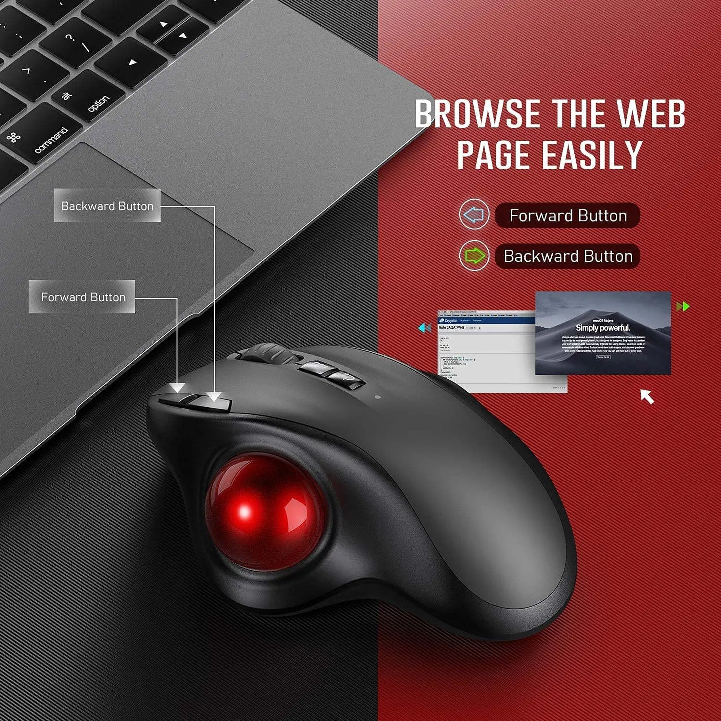 Wireless Rechargeable Trackball Mouse - Bluetooth 2.4G USB Ergonomic Mice for Computer, Android, Windows, 3 Adjustable DPI