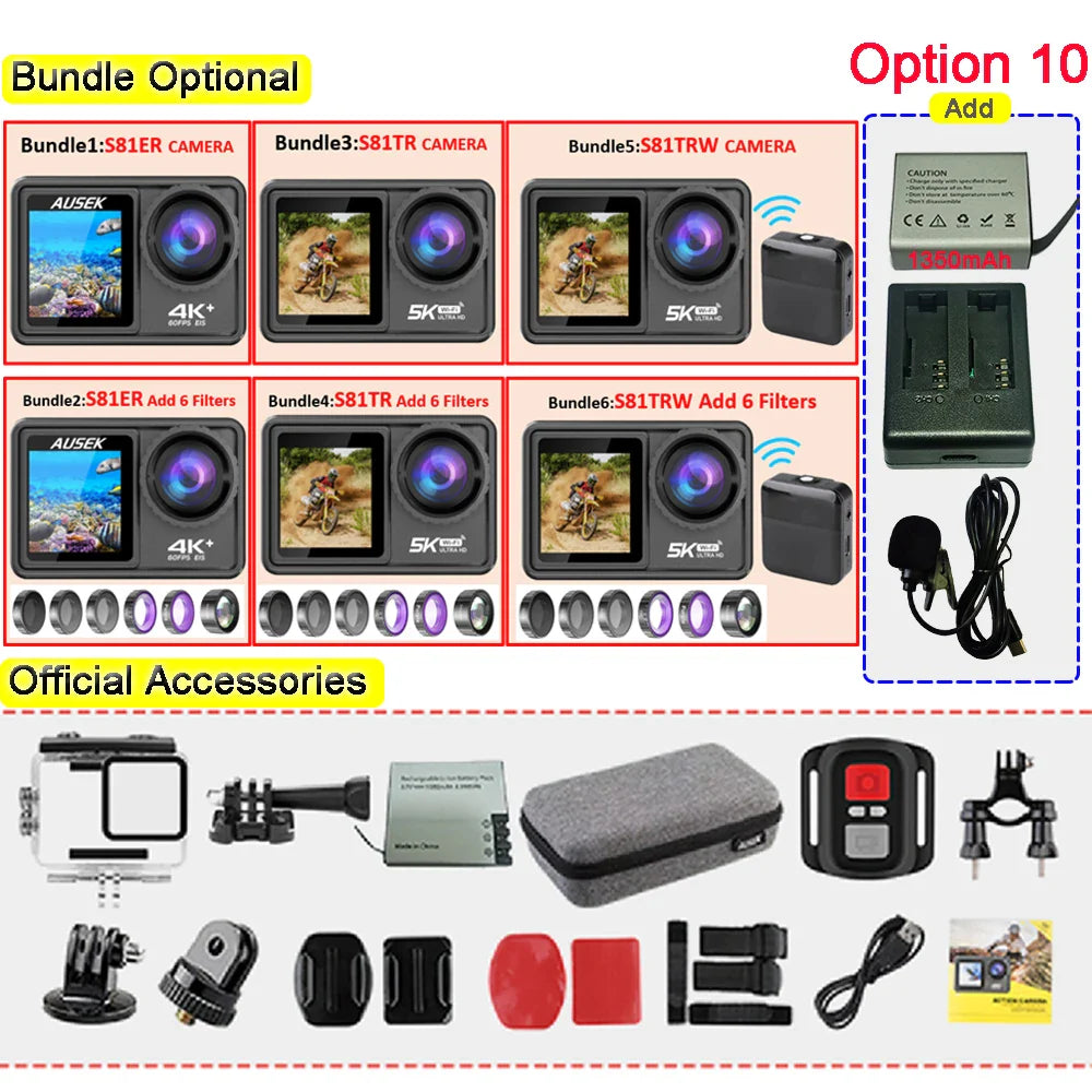 AUSEK S81TRW 5K Action Camera – 4K60FPS, 48MP, EIS, 5X Zoom, 1080P Webcam, Wi-Fi Vlog Sports Cam with Remote & Optional Filters