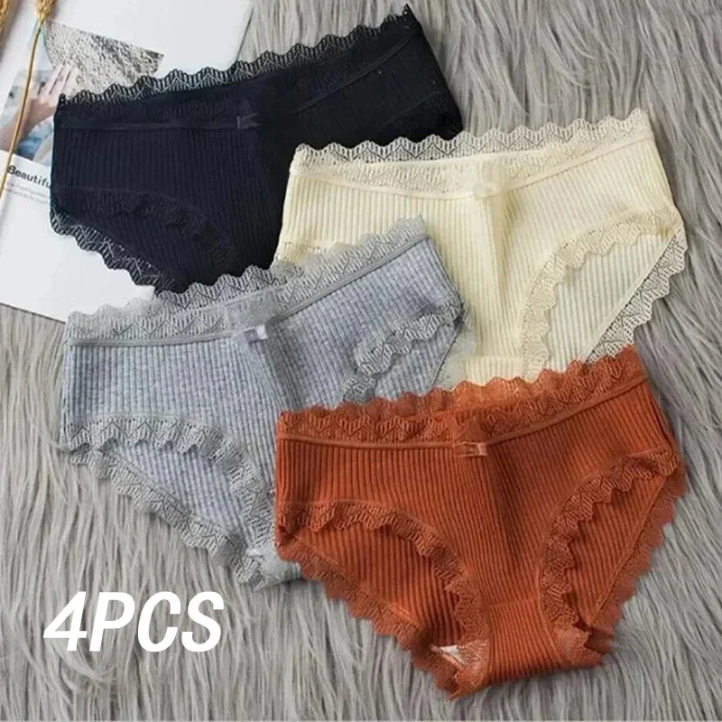 4 Pcs Lace Wavy Trim Bikini Panties - Comfy & Breathable Elastic Womenâs Lingerie & Underwear
