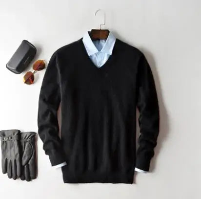 Men’s Classic V-Neck Pullover Sweater – 2024 Autumn Winter Cashmere-Cotton Blend Warm Jumper
