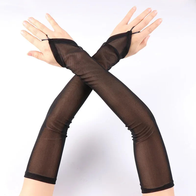 Women’s Elastic Mesh Lace Gloves – Transparent Long Arm Sleeves for Sun Protection, Wedding & Cosplay Costume Accessory