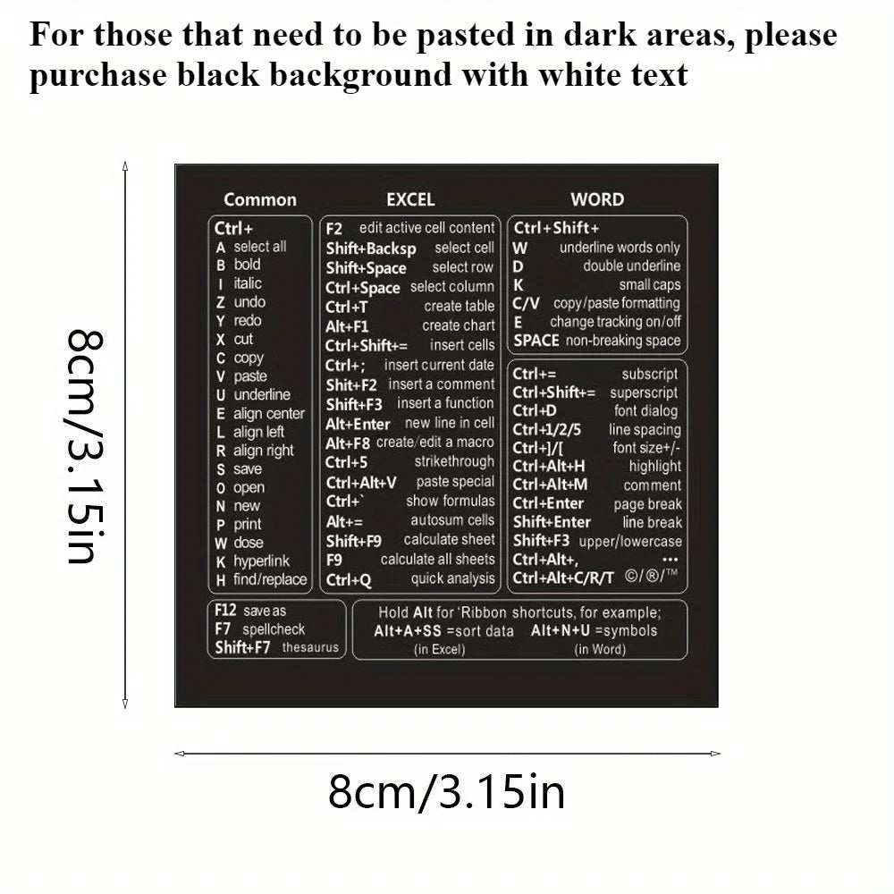 Keyboard Shortcut Stickers - Self-Adhesive Quick Reference Labels for Windows, Excel & Word