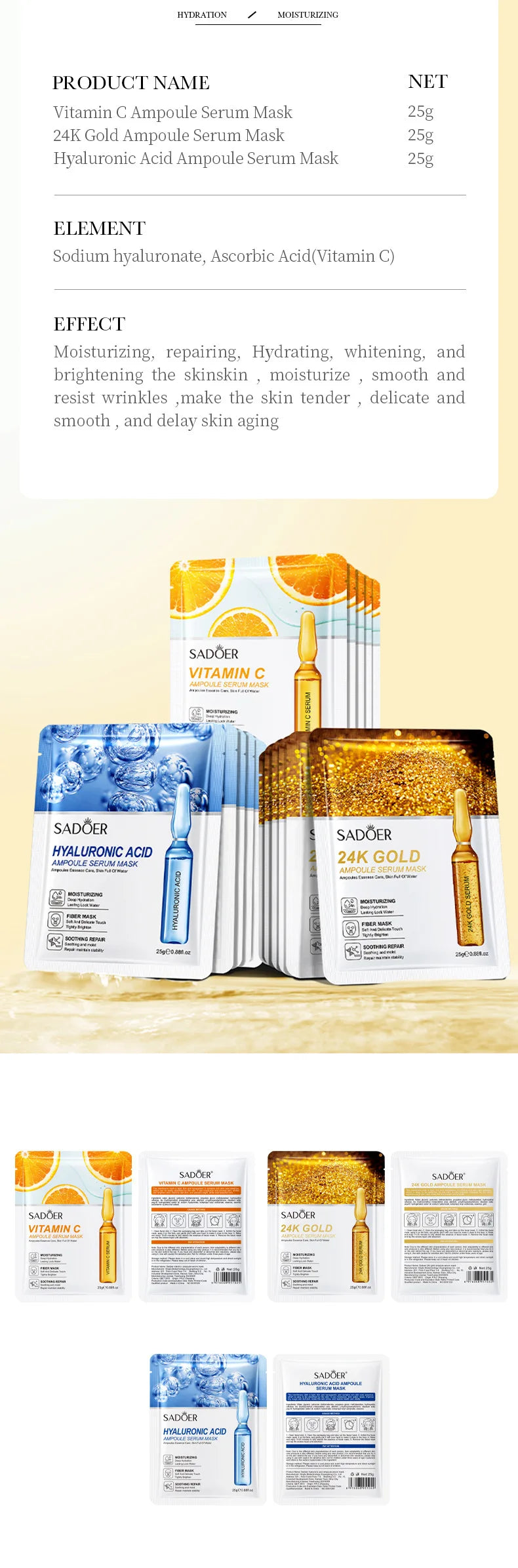 15PCS 24K Gold Hyaluronic Acid Face Masks – Firming, Moisturizing & Brightening Hydrating Skincare