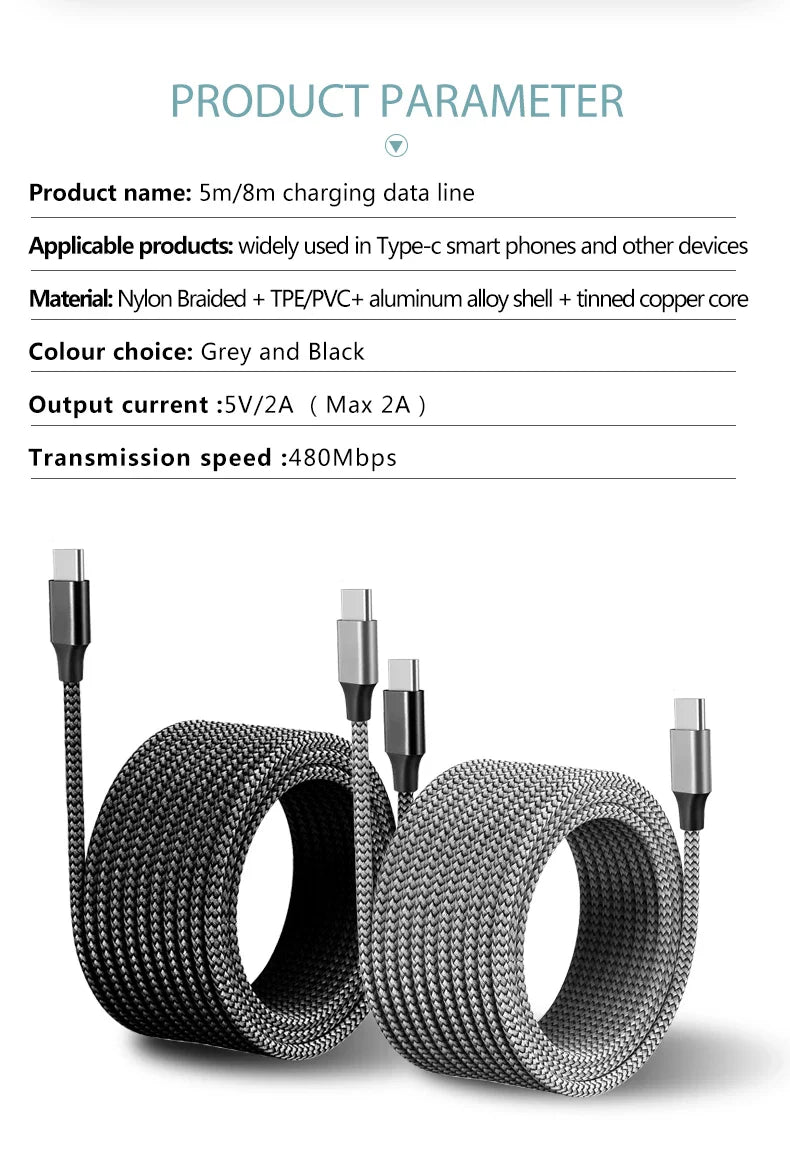 Type-C to Type-C PD 60W Fast Charging & Data Cable — 3M/5M/8M/10M Extension for iPhone 15 Pro Max, Huawei, Xiaomi, Samsung