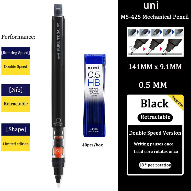 UNIStationery Automatic Mechanical Pencil — 0.5mm Anti-Slip Grip, Rotating Refillable Pen with Anti-Break Core