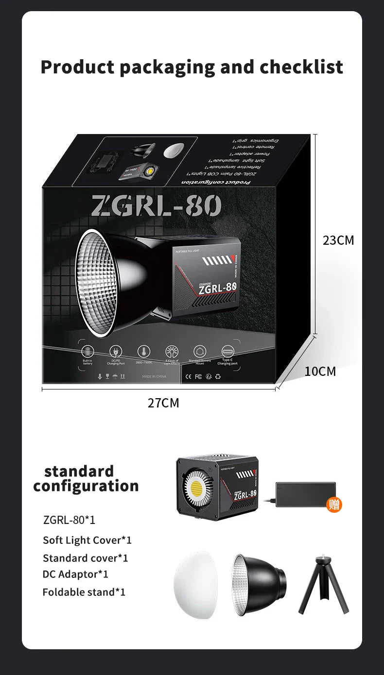 60W Pro Portable LED Video Light – COB Bi-Color Photography Light (2800K-7500K) for Livestreaming, Handheld Outdoor Shooting