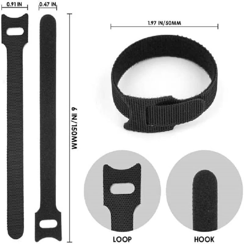 50-Pack Releasable Cable Organizer Ties: Nylon Mouse Earphones Wire Management - Reusable Loop Hoop Tape Straps, Cable Tie