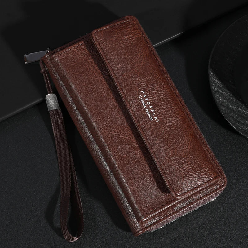 Men's PU Leather Zipper Handbag - Large Capacity Long Wallet Clutch with Phone Bag, Multi-Card Holder and Coin Purse