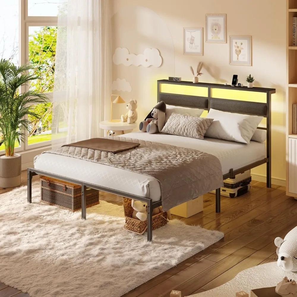 LED Bed Frame with Charging Station – Black Metal Platform Bed Frame with Headboard, Custom Design Modern Storage & Lighting Bed