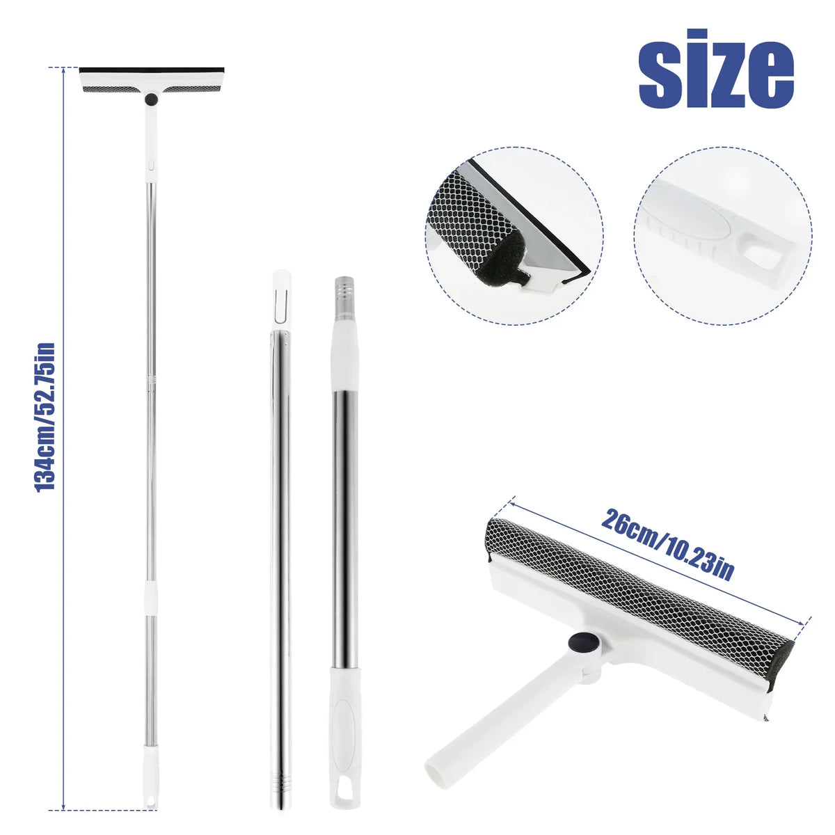 53-Inch Extendable 2-in-1 Window Cleaner Squeegee & Scrubber with 180° Rotating Head for Glass & Mirrors