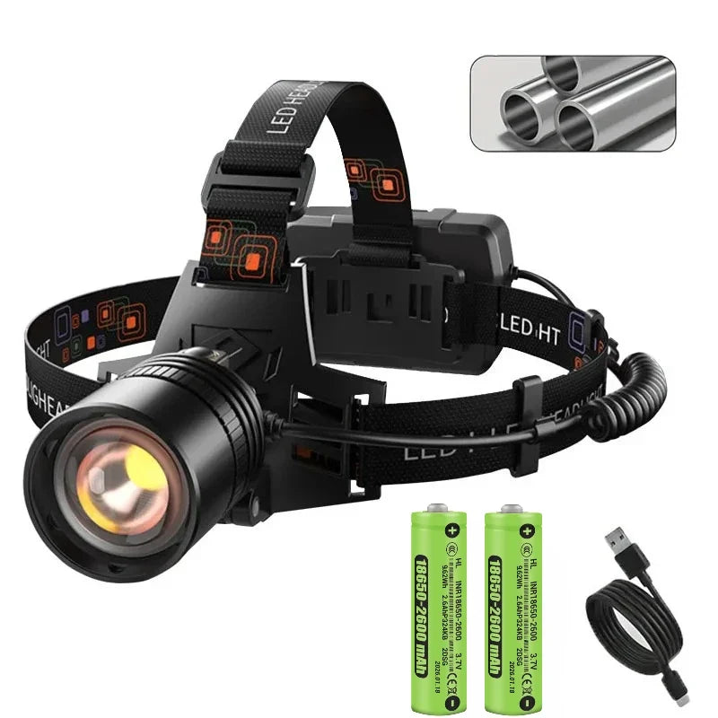 Powerful Rechargeable LED Headlamp – High Lumen Zoomable Telescopic Headlight, Waterproof Outdoor Work Head Torch with Adjustable Beam for Camping & Night Use