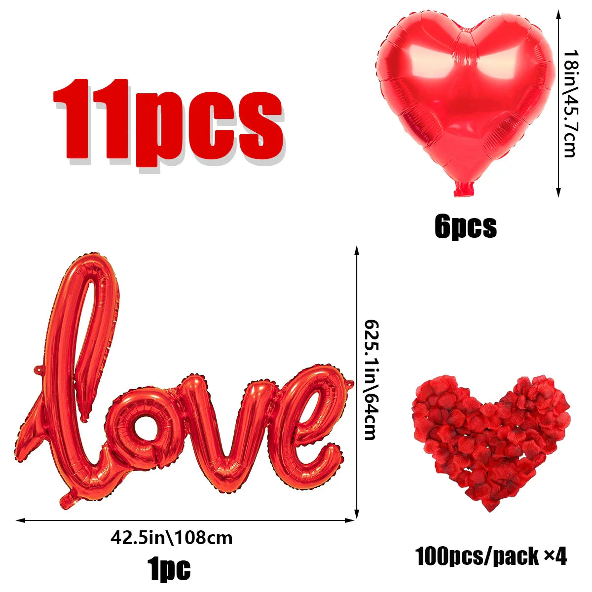 407PCS Red "Love" Letter Balloon Set – 18-Inch Heart-Shaped Balloons & Rose Petals for Valentine’s Day, Anniversary & Party Decoration