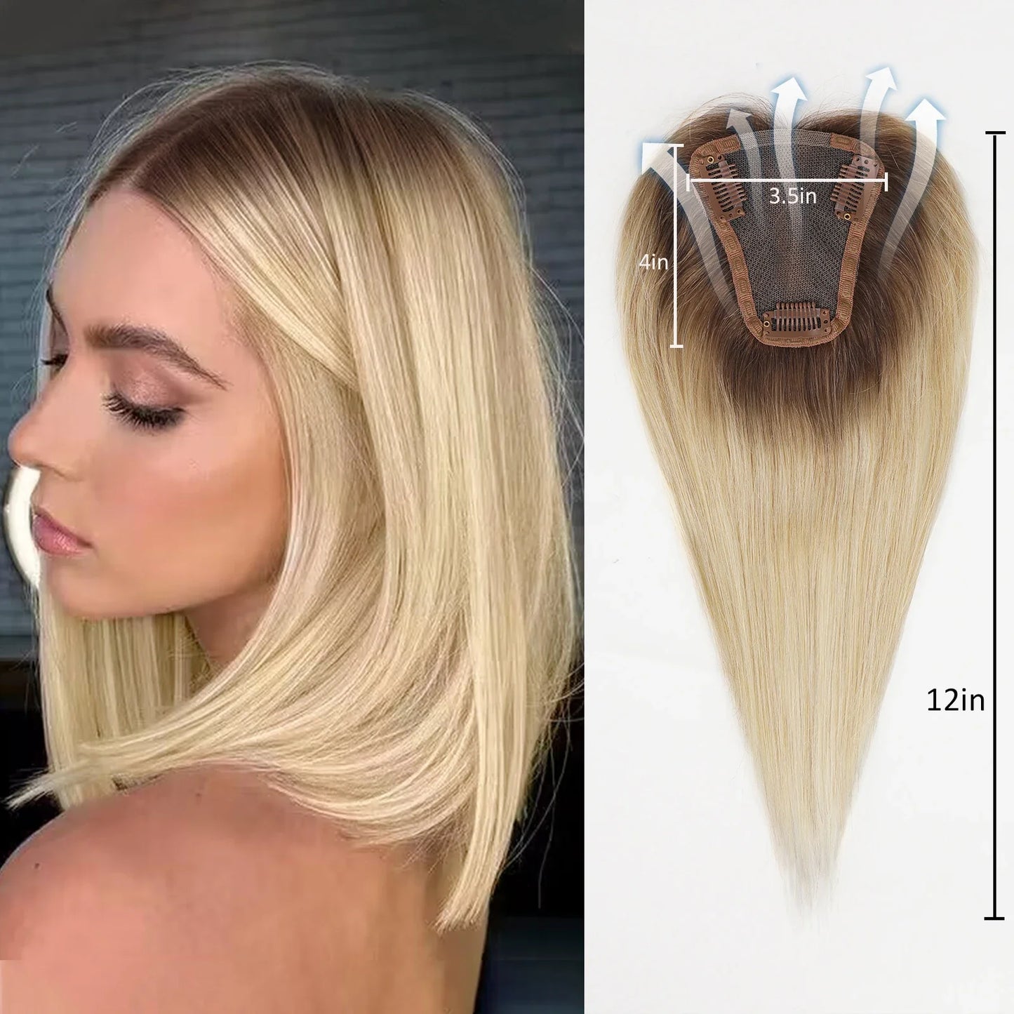 Ombre Blonde Brown 100% Remy Human Hair Topper – Silk Base Clip-In Extension for Women with Hair Loss, 12 Inch