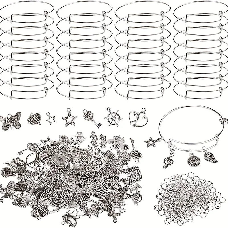 90-Piece Adjustable Bangle Jewelry Making Kit - Charms, Earring Hooks & Jump Rings