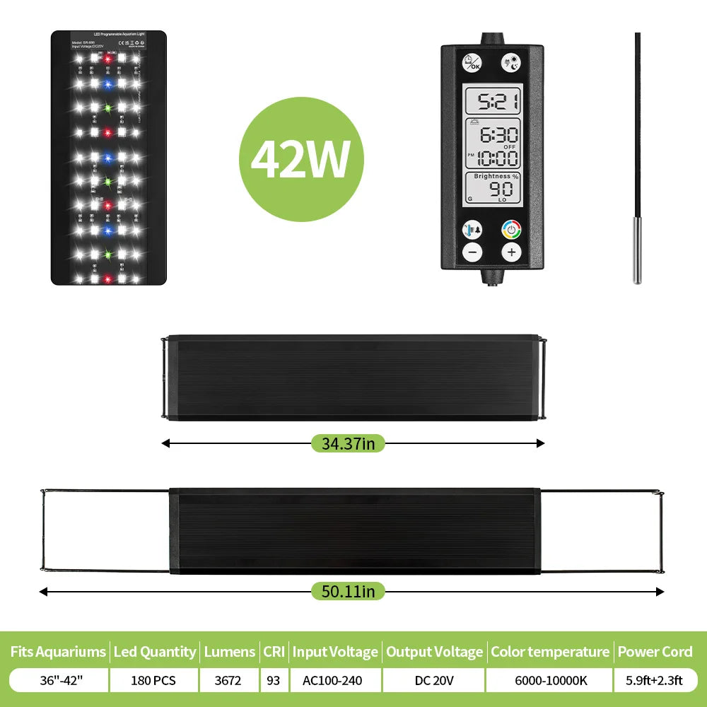 Full Spectrum Aquarium LED Light – 24/7 Lamp with Thermometer & Memory Function for Aquatic Plants