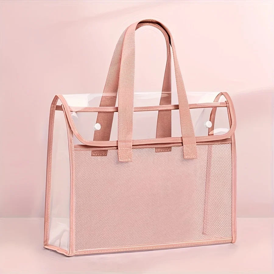 Large Capacity Expandable File Storage Bag - Transparent Waterproof PVC Handheld Document Folder with Self-Adhesive Closure