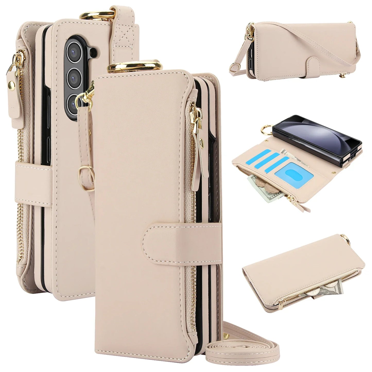 Crossbody Leather Wallet Case with Card Slots, Zipper & Kickstand for Samsung Galaxy Z Fold 3/4/5/6 β Wristband & Ring Holder