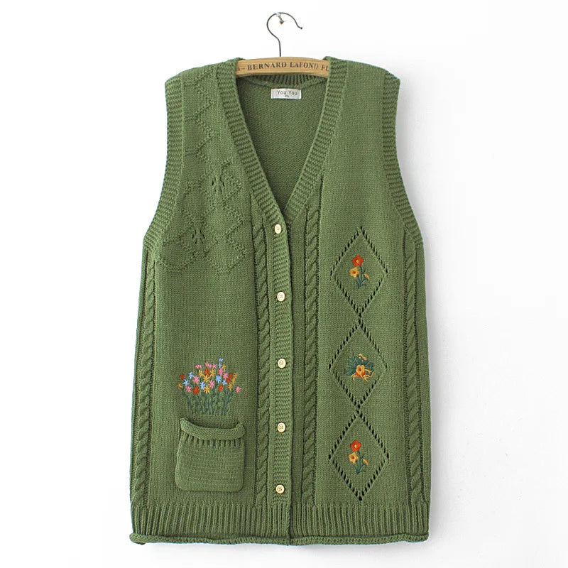 Plus Size Women's Embroidered Hollow Knit Sweater Vest β V-Neck Cardigan, Casual Autumn Fashion, E2 3023