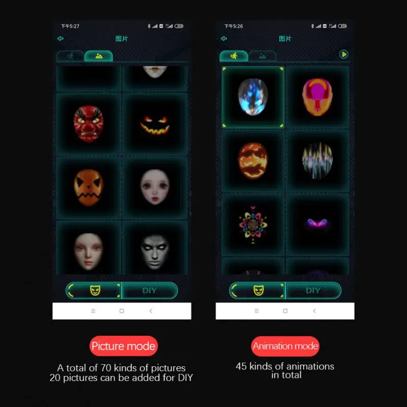 Smart Bluetooth-Controlled LED Face Mask - Programmable Carnival Display, Customizable Photos, Light-Up Design for Halloween
